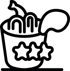 Opened instant noodles cup with shrimps and premium quality symbol, simple fast food line icon