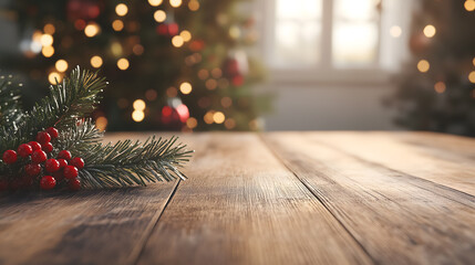 Rustic Christmas vase with pine sprigs and red berries on table