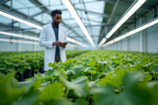 Indoor Vertical Farm. Agricultural scientist in lab coat monitoring hydroponic leafy greens in modern greenhouse with LED lighting system. - Powered by Adobe