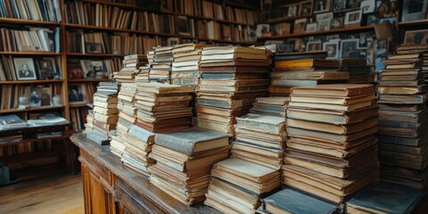 Fototapeta premium A vast collection of antique books expertly stacked in a cozy library room, featuring countless classic literary works on wooden bookshelves