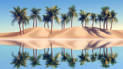 Fototapeta premium Reflective water with palm trees and sand dunes, creating a mirage effect. Mirage. Illustration