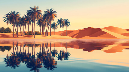 Reflective water with palm trees and sand dunes, creating a mirage effect. Mirage. Illustration