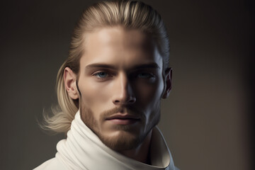 Close-up portrait of a handsome young man with blue eyes, long blond hair styled in a man bun, and a short blond beard, wearing a white garment - isolated, copy space, dark background
