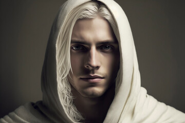 Close-up portrait of a handsome young man with blue gray eyes, and long white blond hair, wearing a white garment with hood - isolated, copy space, dark background