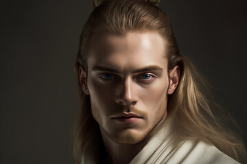 Close-up portrait of a handsome young man with blue eyes, long blond hair styled in a man bun, and a short blond beard, wearing a white garment - isolated, copy space, dark background