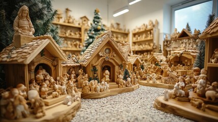 Fototapeta premium A beautifully detailed nativity scene is artfully arranged in an exhibition space, showcasing intricate wooden carvings of figures and miniature buildings