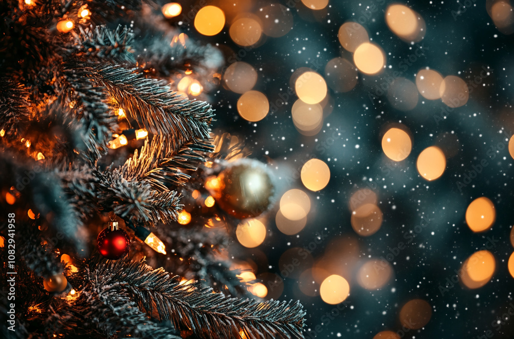 Aufkleber close-up of a frosted christmas tree branch illuminated by warm lights