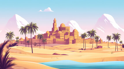 Wide-angle desert oasis mirage with majestic palace and palm trees. Mirage. Illustration