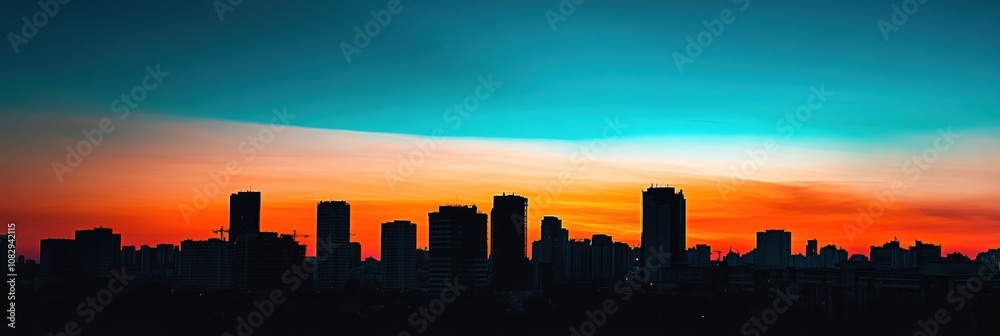 Aufkleber Tall buildings stand silhouetted against a colorful sunset, creating a dramatic skyline view during twilight hours. Generative AI