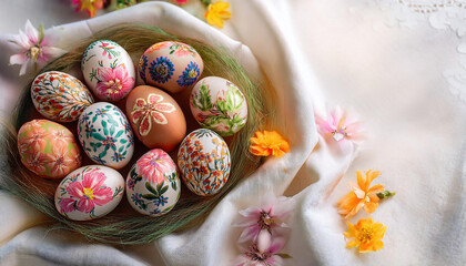 A collection of beautifully hand-painted Easter eggs sits in a basket with grass, surrounded by scattered spring flowers on a light fabric.