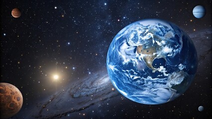 Obraz premium An imaginative illustration of the Earth as a glowing blue marble surrounded by stars and planets, star, planet, digital, blue marble, graphic