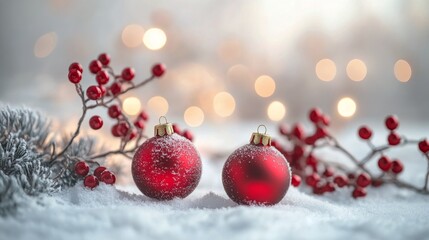 Red ornaments resting on snowy ground with soft light during winter season