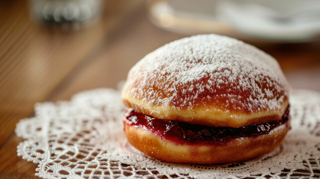 A donut with powdered sugar and a blueberry filling sits on a white napkin. The napkin is placed on a wooden table - Powered by Adobe