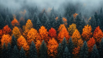 Fototapeta premium An enchanting autumn forest scene with vibrant orange and red foliage beneath a misty canopy sky, showcasing the beauty of seasonal change and natural landscapes