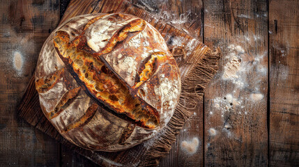 A loaf of bread is sitting on a wooden cutting board. The bread is sliced and has a crusty exterior. The bread is placed on a wooden cutting board with a white cloth underneath it