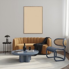 Fototapeta premium Modern Living Room Interior Design with Mustard Sofa and Blue Chair