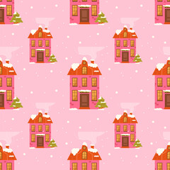 Winter New Year seamless pattern with city houses