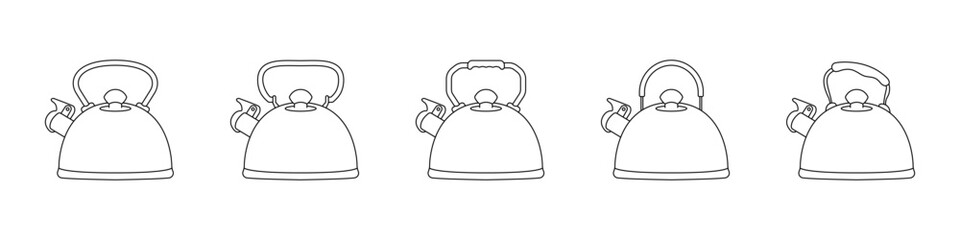 Linear teapot vector icon set. Outline of a classic Japanese teapot set. Ceramic teapot vector collection. Icon of a teapot for herbs. Tea party logo vector. Tea style vector.
