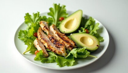 Grilled chicken strips with avocado on fresh greens, healthy meal presentation, copy space
