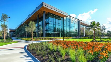 Obraz premium Sprawling modern office complex with extensive glass facade, surrounded by lush landscaped gardens under a clear blue sky and bright sunlight