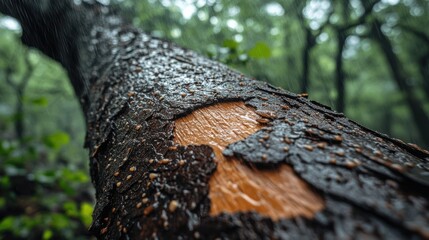 A close-up view of raindrops delicately embracing the textured bark of a tree in a lush, green forest, highlighting nature's resilience and beauty