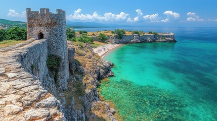 An ancient stone fortress overlooks the stunning turquoise waters of a serene beach, captured under a vibrant blue sky with fluffy clouds