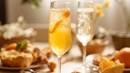 Refreshing mimosa drink in tall glass ideal for brunch bathed in soft morning light
