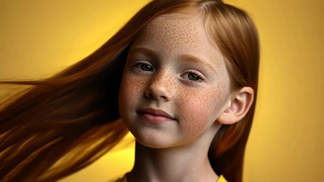 A young girl with red hair and freckles smiles while her hair blows in the wind against a yellow background