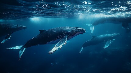 Fototapeta premium Massive humpback whales swimming through vast ocean waters photos