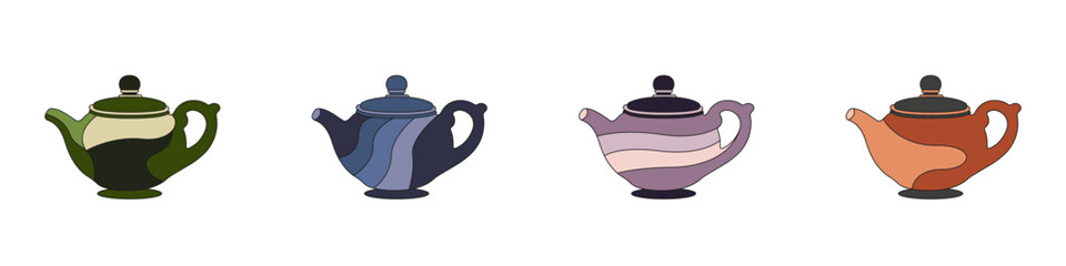 Teapots vector set. Stylish ceramic teapots. Vintage teapot. Ceramics with a vector pattern. Colored teapots. Teapot for ceremonies. Teapot for ritual tea parties. Tea pot vector.