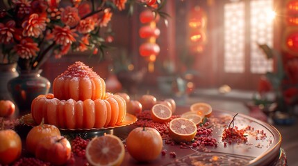 Traditional Chinese lunar New Year dinner table, party invitation, menu background with fish, rice balls, dumplings, fortune cookie, nian gao cake, noodles, chinese decorations