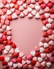 Obraz premium Hearts arranged in a heart shape on a pink background, frame , space for text