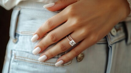 Fototapeta premium Elegant diamond ring on a womans hand with neutral colored manicure in natural light