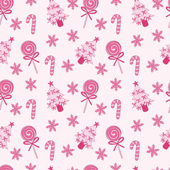 Festive Pink Christmas Pattern with Candy Canes and Snowflakes