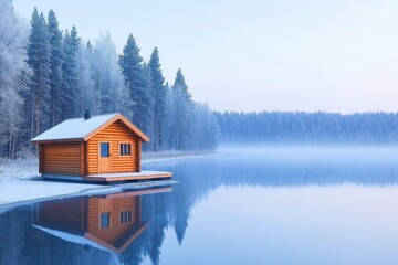 Obraz premium Cozy wooden cabin beside a frozen lake in a tranquil winter morning landscape