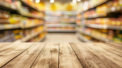 Wooden table top with blurred background of a supermarket for product placement