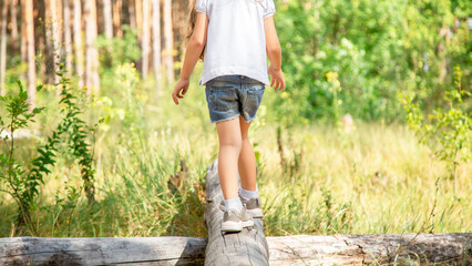 Kid in Forest Walking on Tree Log, Child Playing in Park, Tourist Adventure Girl in forest Children in Camp Trip