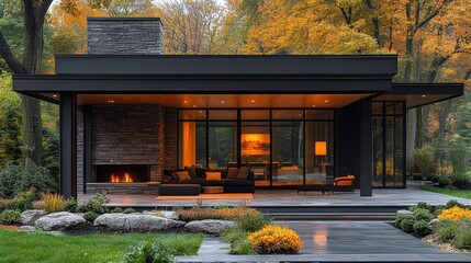 A beautifully designed modern cabin with large windows and a lit stone fireplace nestled in a serene autumn woodland setting