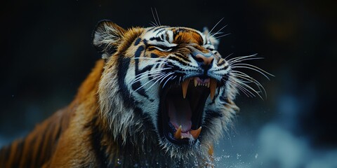 A majestic and fierce tiger displaying its dominant presence in the wild, showcasing raw power and the beauty of nature's most magnificent predators