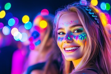 Fototapeta premium Two friends celebrating and dancing with colorful face paint under vibrant neon lights at an evening event