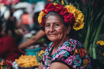 Elderly woman in traditional clothing with a flower crown at a local market