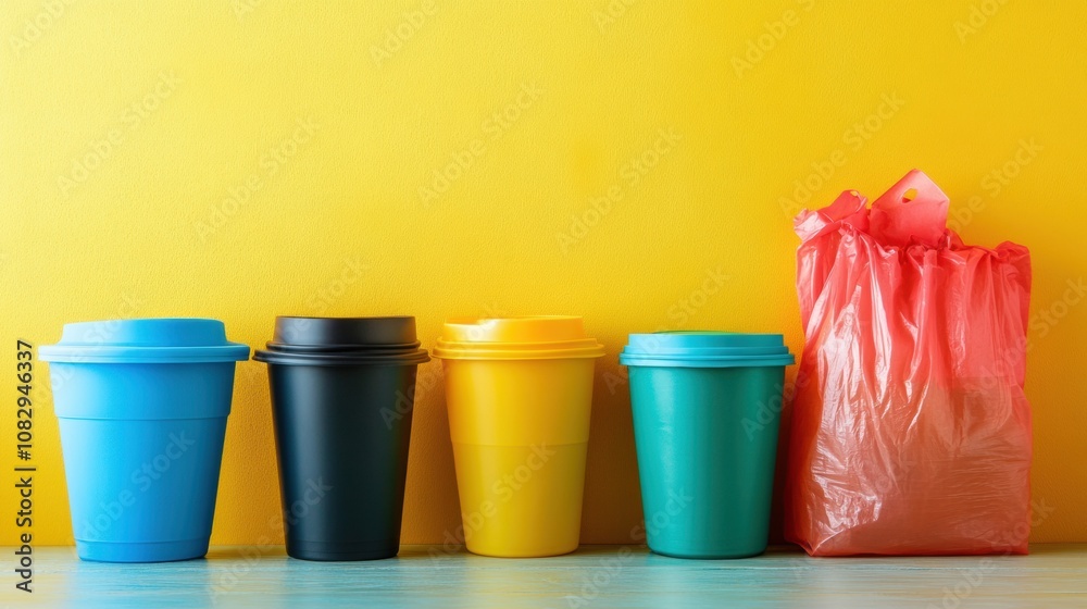 Poster a collection of reusable containers stands prominently in front of discarded single-use plastic bags