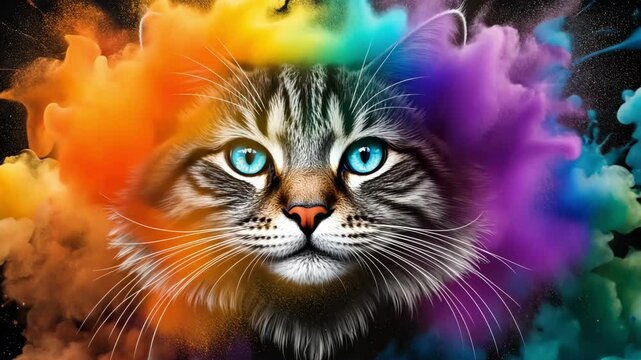 A cat with a colorful explosion of paint on its face. The cat has a green eye and is surrounded by a rainbow of colors. The image is a creative and playful representation of a cat