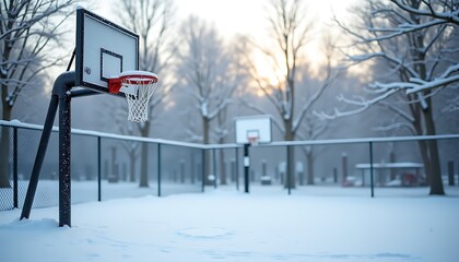 Snow-covered basketball court on a winter morning
