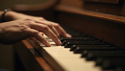 Obraz premium Hands playing piano keys in warm ambient lighting