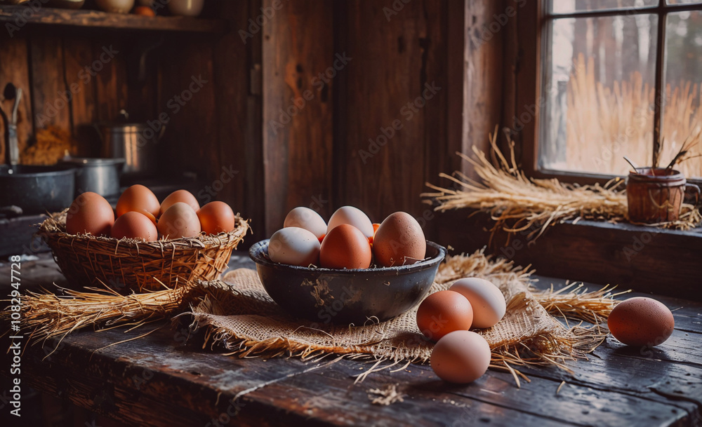 Poster table with two baskets of eggs and a bowl of eggs