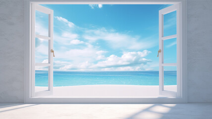 An open white window to the sea. Dream vacation. Blue ocean view from an open window. © Tassya