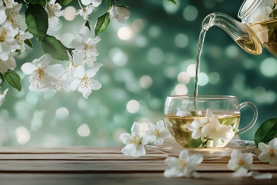 glass teapot pouring jasmine tea into cup on flower green bokeh background, spring drink concept with blossom, herbal tasty teatime, international world tea day