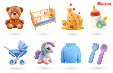 Baby products and toys icon 3d cartoon vector set