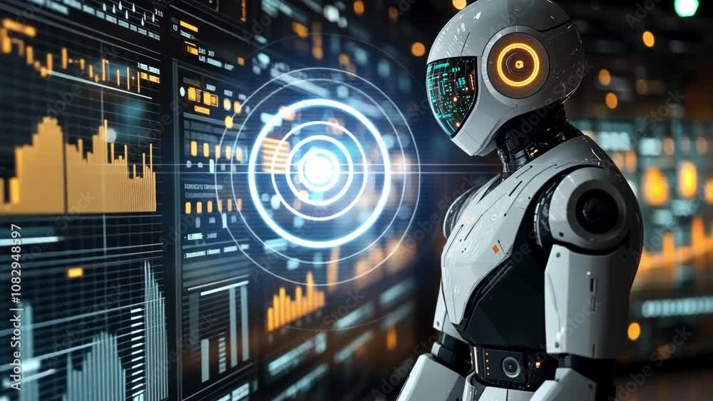 Poster a robotic figure interacts with a futuristic data interface in a high-tech environment